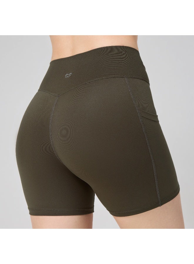 AMORXE Women’s High Waisted Yoga Shorts – Twist Waistband, Tummy Control Workout Shorts with Side Pockets for Gym Fitness Running – XLarge, Olive Green - Image 4