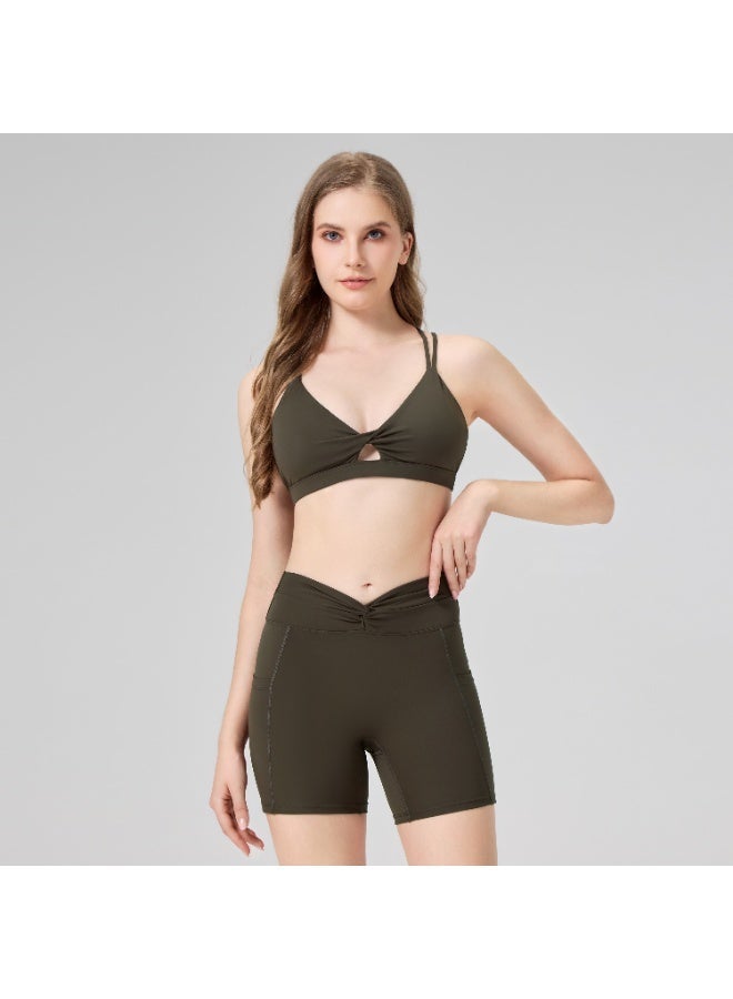 AMORXE Women’s High Waisted Yoga Shorts – Twist Waistband, Tummy Control Workout Shorts with Side Pockets for Gym Fitness Running – XLarge, Olive Green - Image 1