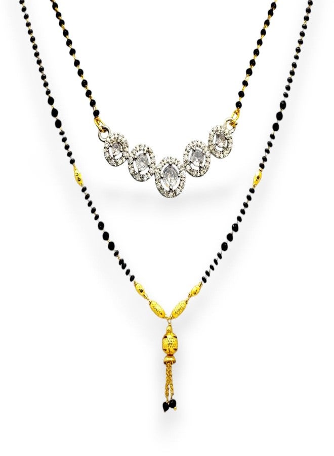 Elleva Black Beads Mangalsutra for Women Short | Tanmaniya Necklace for Women | Small Pendant Set, Gold & White, Set of 2 (Pack Of 1) - Image 1