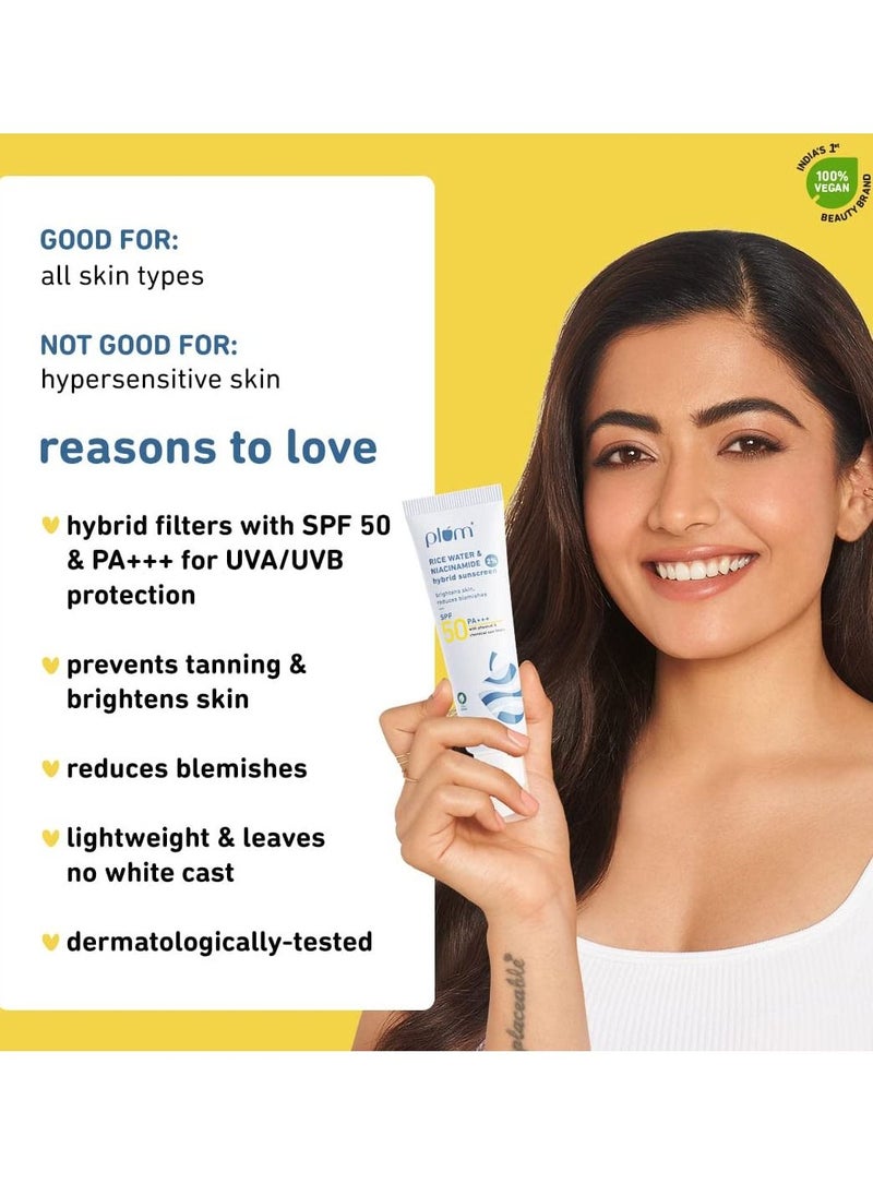 Plum - Sunscreen With 2% Niacinamide & Rice Water Hybrid Face Sunscreen with SPF 50 PA+++ Protects & Brightens Skin No White Cast Reduces Blemishes Non-Greasy UVA & UVB Protection All Skin Types, 50 g - Image 1