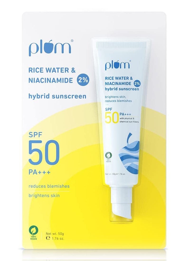 Plum - Sunscreen With 2% Niacinamide & Rice Water Hybrid Face Sunscreen with SPF 50 PA+++ Protects & Brightens Skin No White Cast Reduces Blemishes Non-Greasy UVA & UVB Protection All Skin Types, 50 g - Image 1