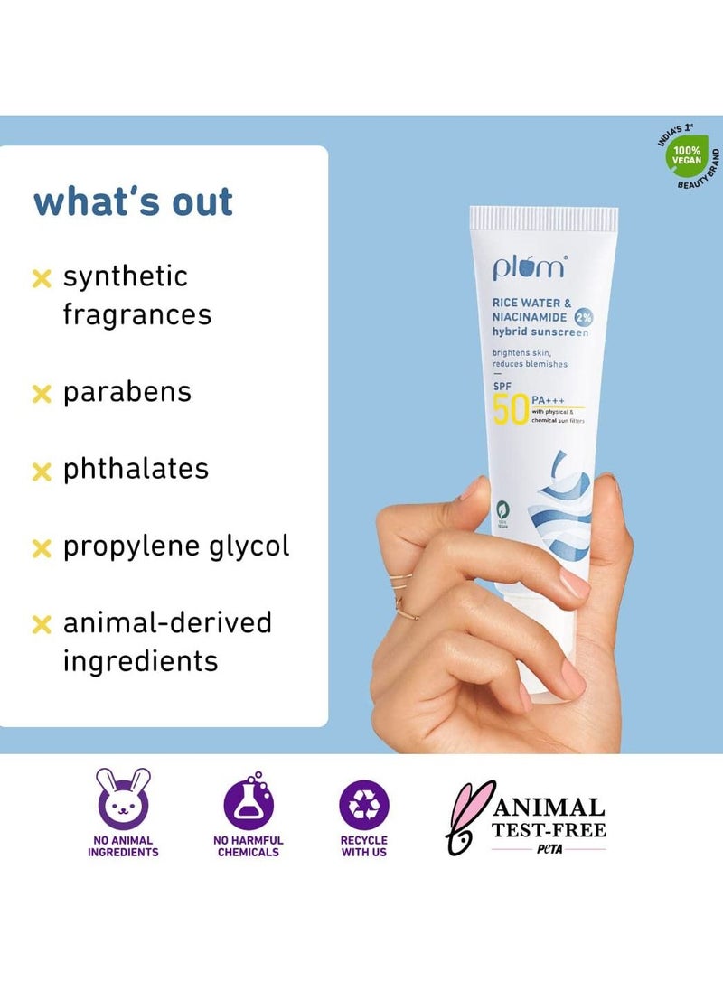 Plum - Sunscreen With 2% Niacinamide & Rice Water Hybrid Face Sunscreen with SPF 50 PA+++ Protects & Brightens Skin No White Cast Reduces Blemishes Non-Greasy UVA & UVB Protection All Skin Types, 50 g - Image 1