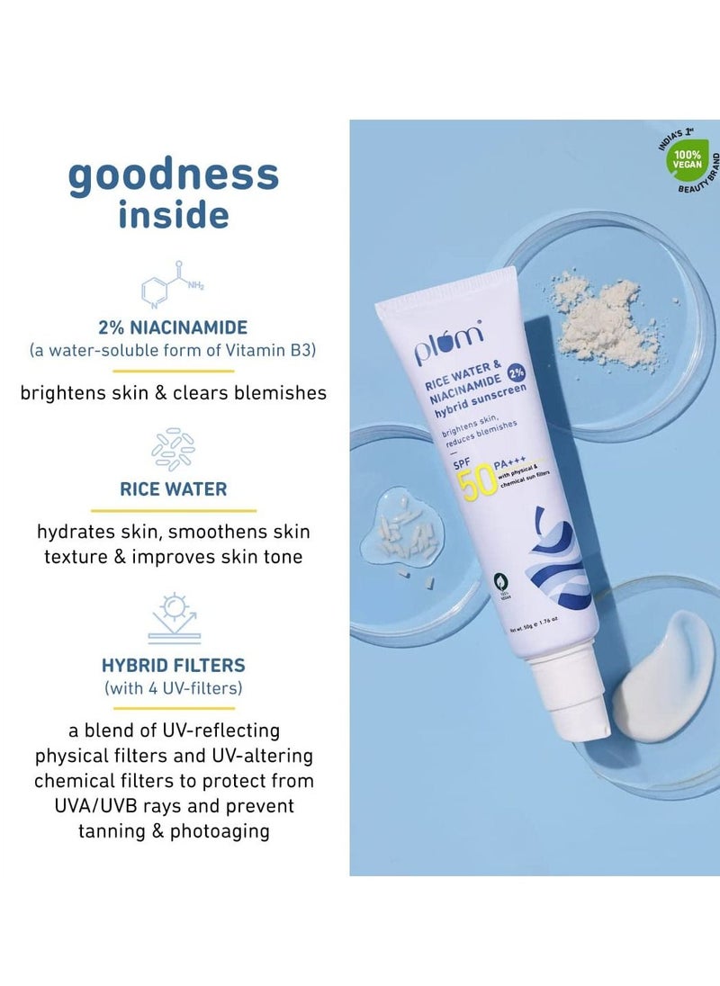Plum - Sunscreen With 2% Niacinamide & Rice Water Hybrid Face Sunscreen with SPF 50 PA+++ Protects & Brightens Skin No White Cast Reduces Blemishes Non-Greasy UVA & UVB Protection All Skin Types, 50 g - Image 1