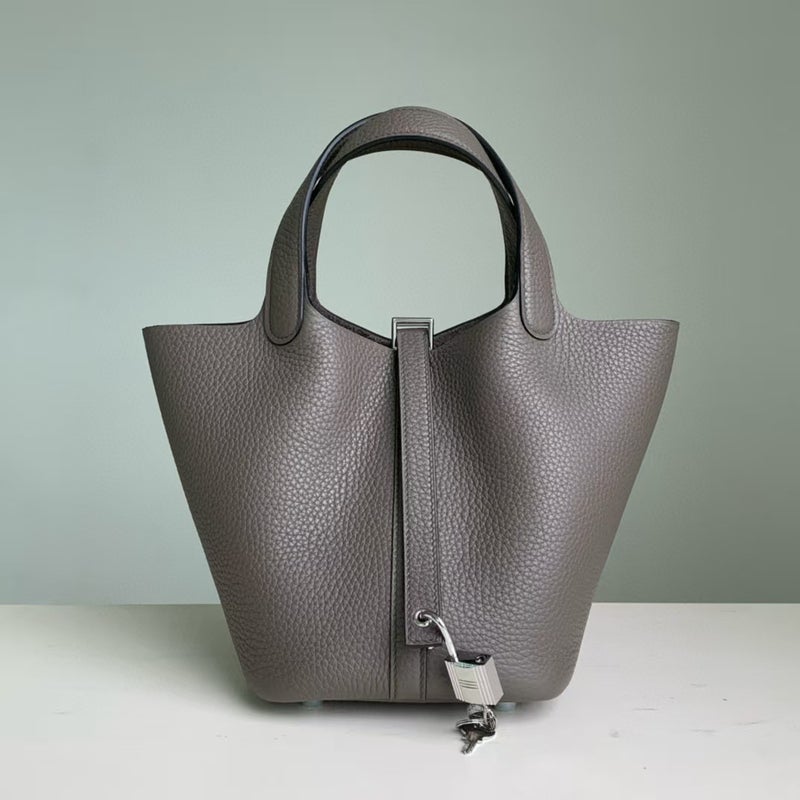 18cm Wax Line Hand Sewed TC Top Layer Cowhide Vegetable Basket Bag Bucket Bag Genuine Leather Womens Bag Handbag Pewter gray 
