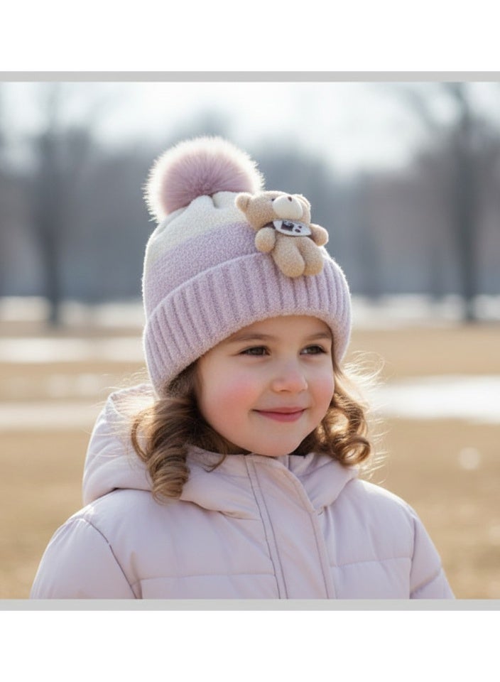 zoba Cute teddy bear winter beanie for kids with a soft fur pom-pom – High-quality warm hat – Comfortable on the head and hypoallergenic – Suitable for boys and girls – Perfect for winter and cold weather – Attractive girly color - Image 3