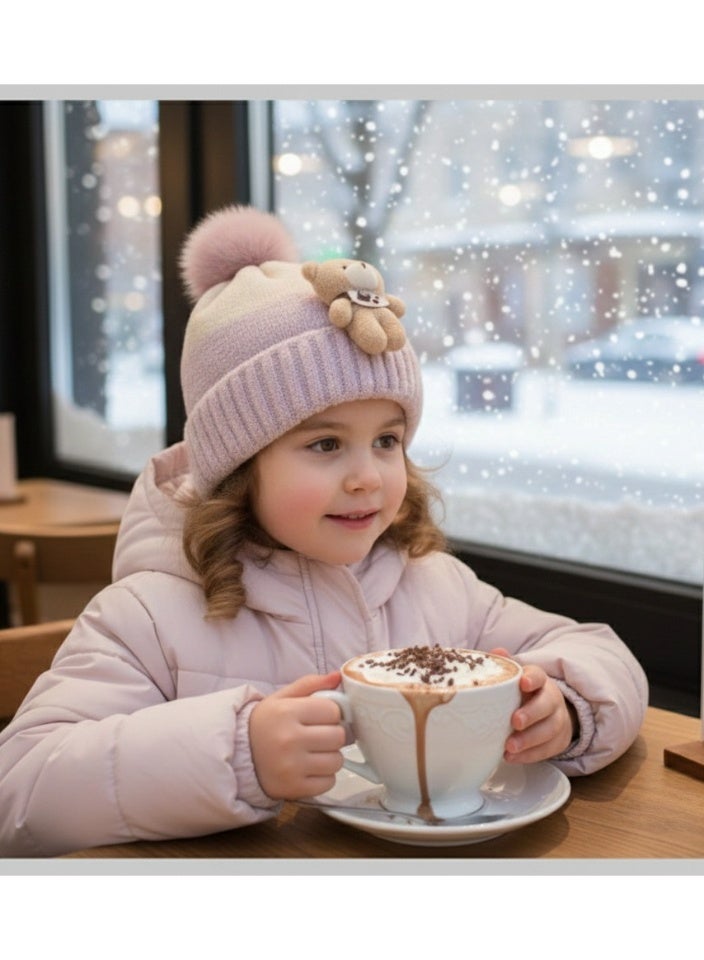 zoba Cute teddy bear winter beanie for kids with a soft fur pom-pom – High-quality warm hat – Comfortable on the head and hypoallergenic – Suitable for boys and girls – Perfect for winter and cold weather – Attractive girly color - Image 1