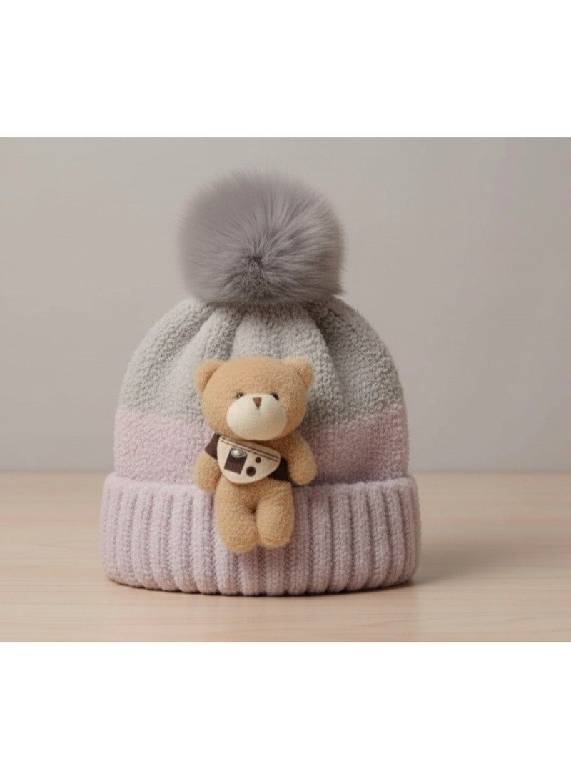 zoba Cute teddy bear winter beanie for kids with a soft fur pom-pom – High-quality warm hat – Comfortable on the head and hypoallergenic – Suitable for boys and girls – Perfect for winter and cold weather – Attractive girly color - Image 5