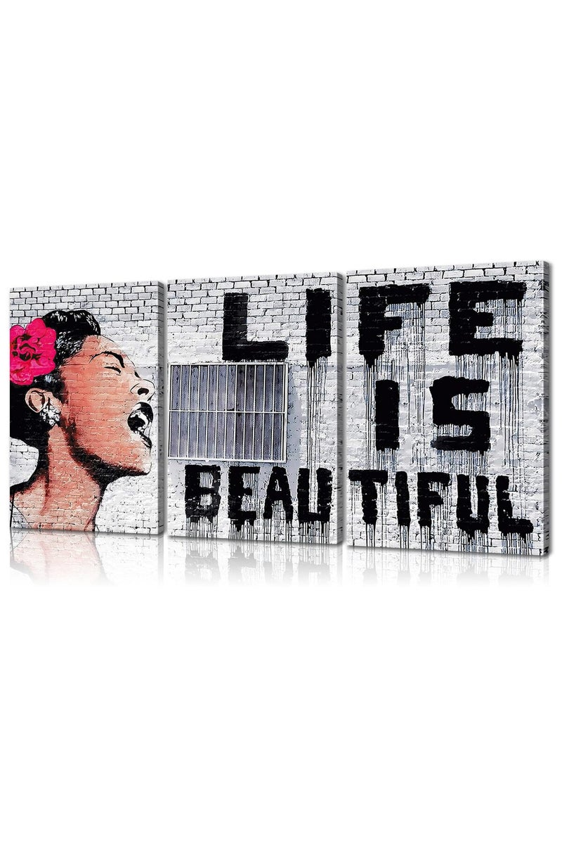 Mistyefly 3 Pieces Banksy Canvas Art Colorful Posters Life is Beautiful Wall Decor Graffiti Pop Street Living Room - Image 1