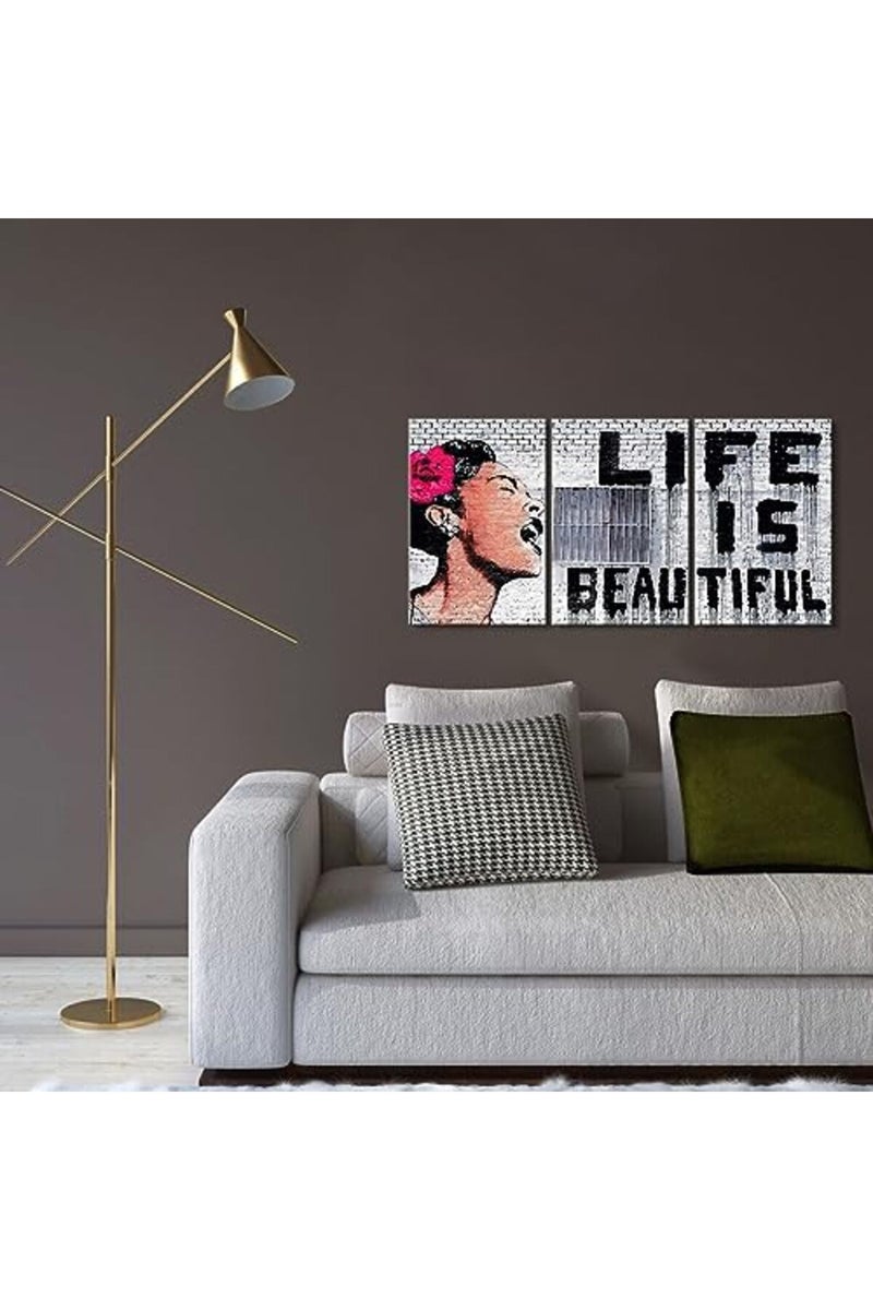 Mistyefly 3 Pieces Banksy Canvas Art Colorful Posters Life is Beautiful Wall Decor Graffiti Pop Street Living Room - Image 3