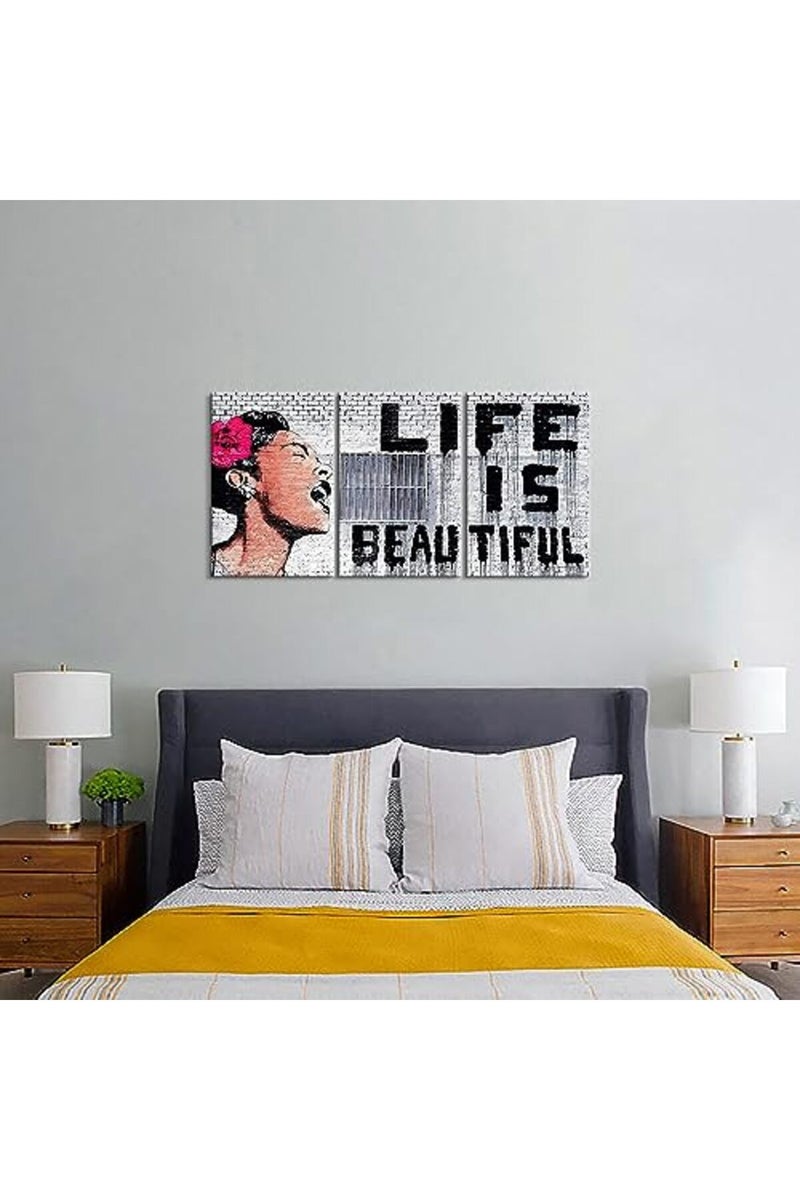 Mistyefly 3 Pieces Banksy Canvas Art Colorful Posters Life is Beautiful Wall Decor Graffiti Pop Street Living Room - Image 5