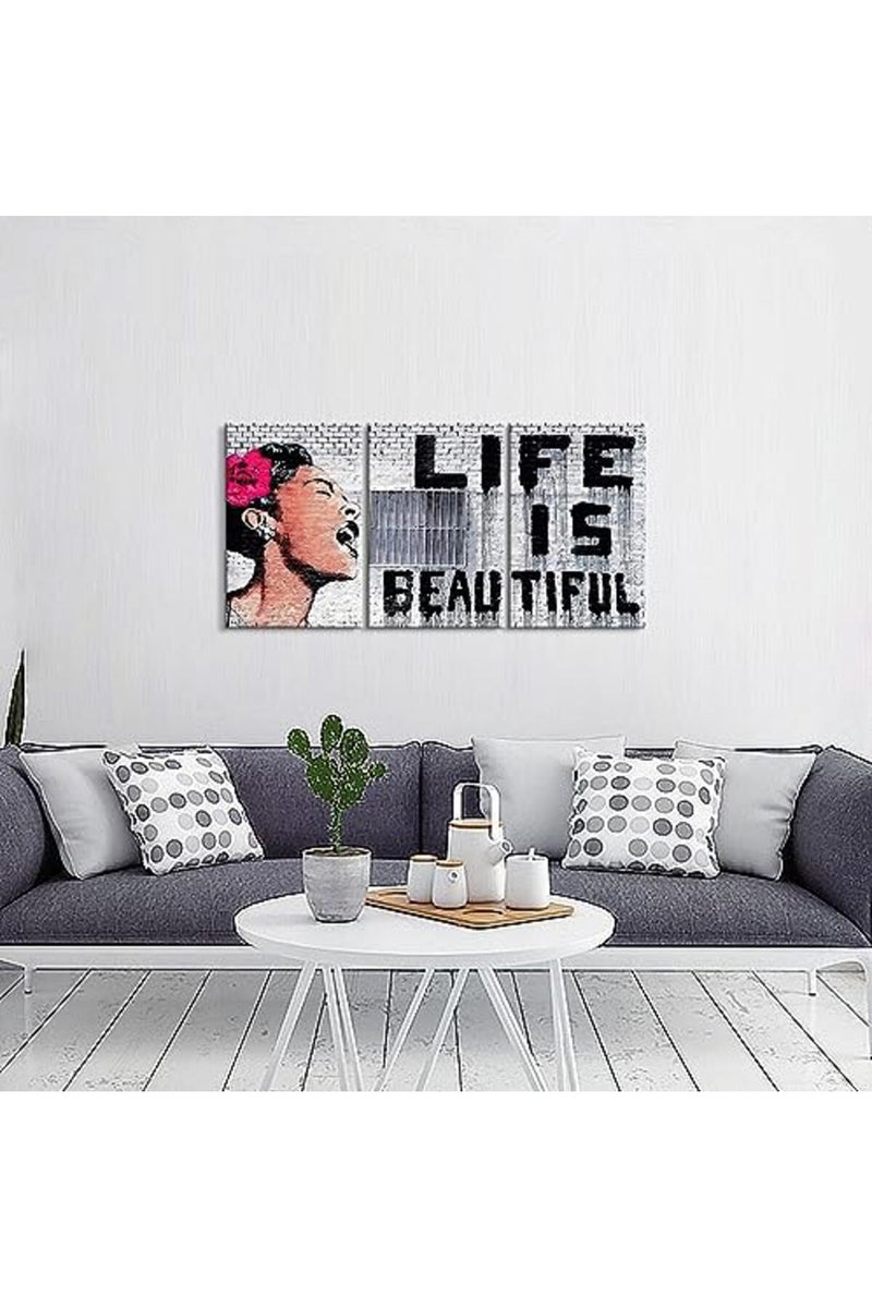 Mistyefly 3 Pieces Banksy Canvas Art Colorful Posters Life is Beautiful Wall Decor Graffiti Pop Street Living Room - Image 2