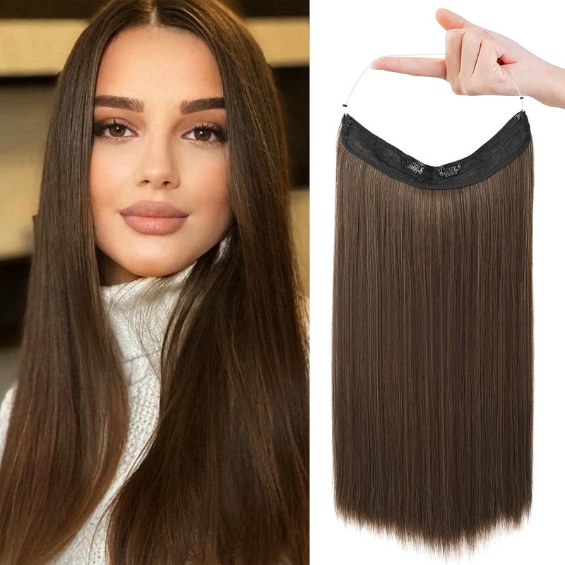 REECHO Invisible Wire Hair Extensions with Transparent Headband Adjustable Size Removable Secure Clips in Straight Secret Hairpiece for Women 16 Inch Pack of 1 Medium Brown with Highlights