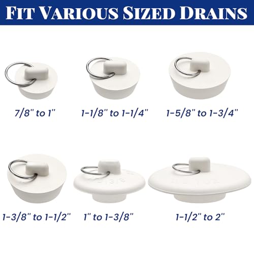 AUGHOA 6 Pieces Drain Stopper, Bathroom Sink Stopper, Bathtub Drain Plug with Hanging Ring, Rubber Bath Tub Plugs for Drain in 6 Different Sizes, White - Image 3