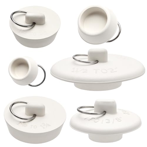 AUGHOA 6 Pieces Drain Stopper, Bathroom Sink Stopper, Bathtub Drain Plug with Hanging Ring, Rubber Bath Tub Plugs for Drain in 6 Different Sizes, White - Image 1