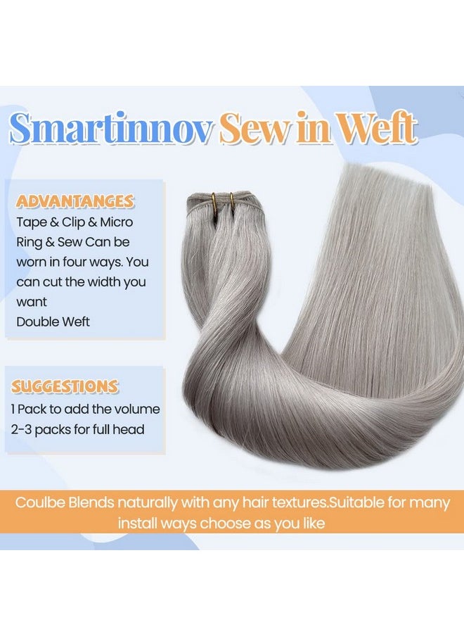 Smartinnov - Sew In Hair Extensions Silver Human Hair 100G 20Inch Brazilian Real Hair Bundles Silky Straight Double Weft Gray Sew In Hair Extensions For Women Grey Hand Tied Weft Hair Extensions - Image 1