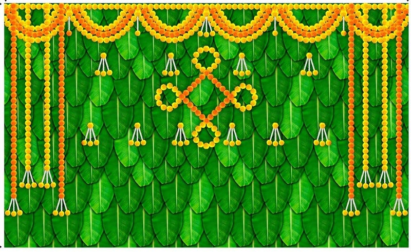 Bague Backdrop Cloth for Fuctions Aritaku Banana Leaf with Orange Yellow Flower Decoration Cloth for All Functions and Photography 8X5 - Image 1