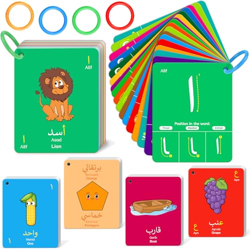 Kasfalci 48 Arabic Flash Cards for KidsToddlerBeginners AdultLearn Arabic Alphabet LettersNumberColorShape Sight WordsEducational Toys with English Transliteration for Classroom Homeschool - Image 1