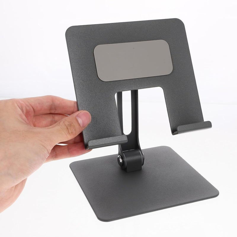 Foldable Metal Tablet Stand and Adjustable Cell Phone Holder for Desktop Use Universal Nonskid Tablet Bracket in Gray Portable for Home Office - Image 4