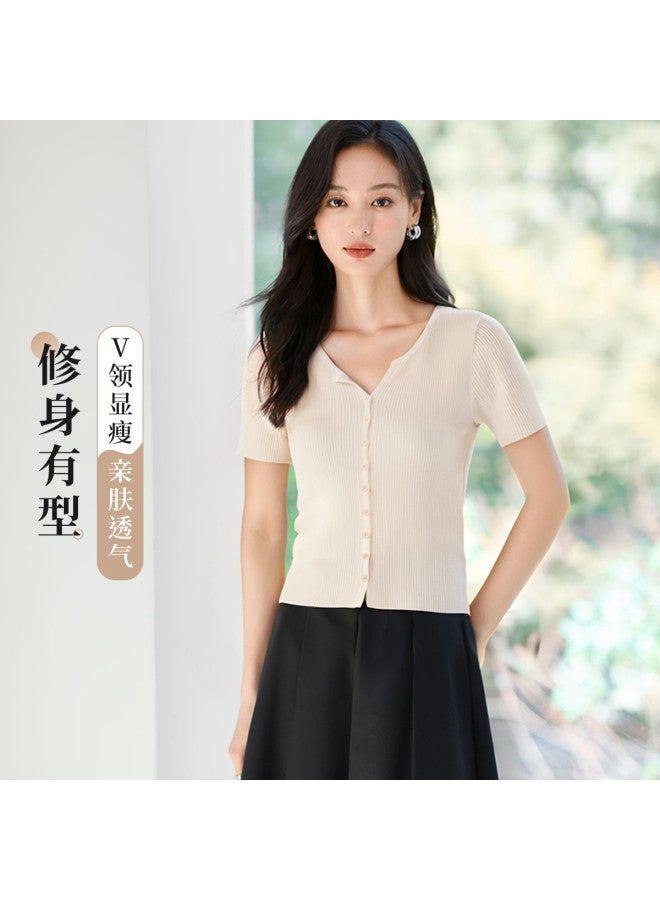 Hstyle Women's V-neck Short Sleeve Knit Top - 2025 Summer Slim-fit Thin Casual Solid Color T-shirt - Image 4
