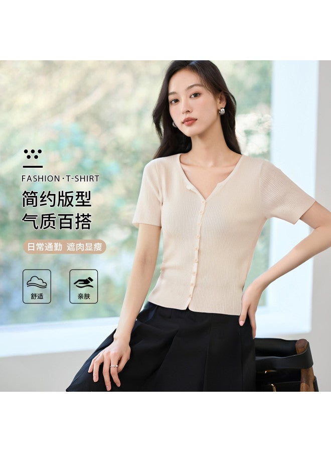Hstyle Women's V-neck Short Sleeve Knit Top - 2025 Summer Slim-fit Thin Casual Solid Color T-shirt - Image 2