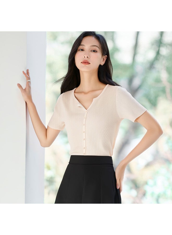 Hstyle Women's V-neck Short Sleeve Knit Top - 2025 Summer Slim-fit Thin Casual Solid Color T-shirt - Image 5