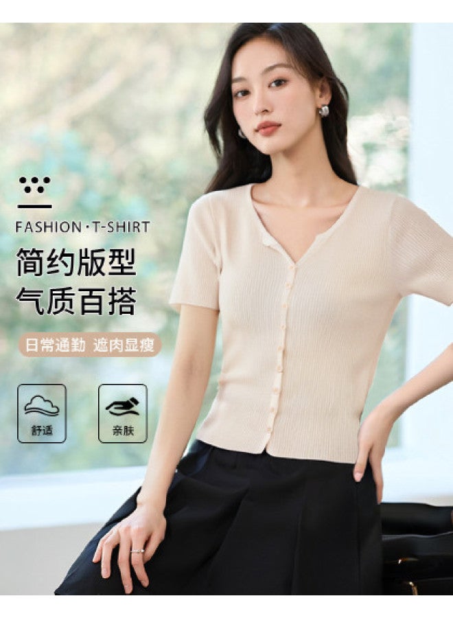 Hstyle Women's V-neck Short Sleeve Knit Top - 2025 Summer Slim-fit Thin Casual Solid Color T-shirt - Image 1