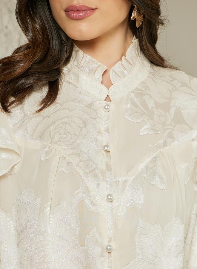 Styli Jacquard Balloon Sleeve Blouse with Ruffle Detail  - Image 4