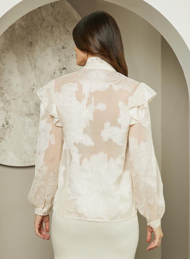 Styli Jacquard Balloon Sleeve Blouse with Ruffle Detail  - Image 5