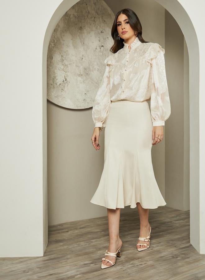 Styli Jacquard Balloon Sleeve Blouse with Ruffle Detail  - Image 3