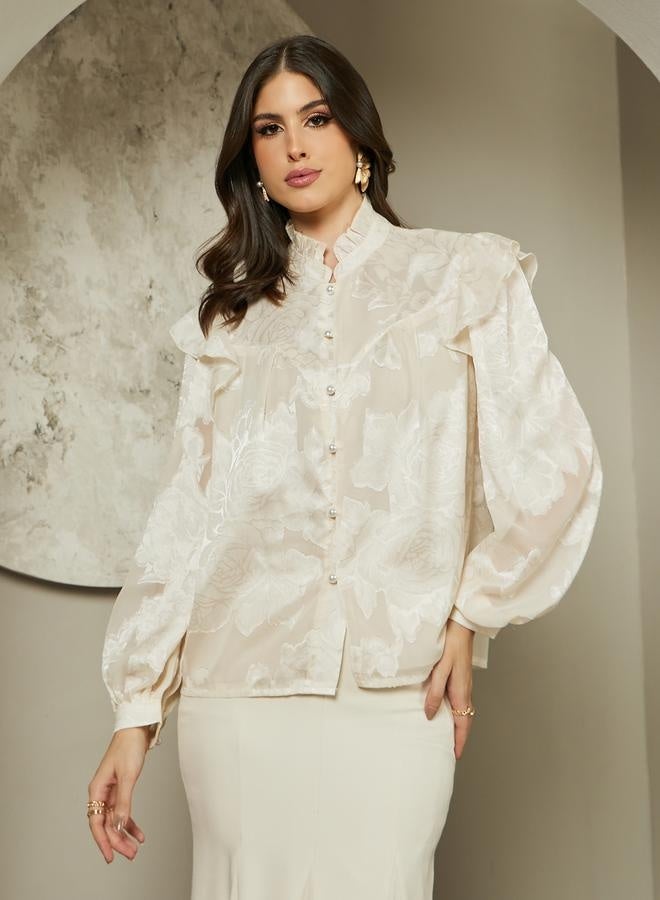 Styli Jacquard Balloon Sleeve Blouse with Ruffle Detail  - Image 2
