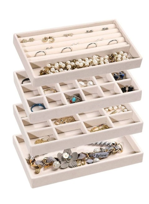 Set of 4 Stackable Jewelry Organizer Trays for Drawers and Display Case Earring Rings Bracelet Storage Container with Removable Dividers