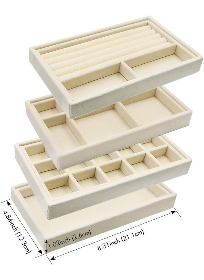 Set of 4 Stackable Jewelry Organizer Trays for Drawers and Display Case Earring Rings Bracelet Storage Container with Removable Dividers