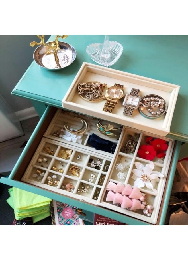 Set of 4 Stackable Jewelry Organizer Trays for Drawers and Display Case Earring Rings Bracelet Storage Container with Removable Dividers