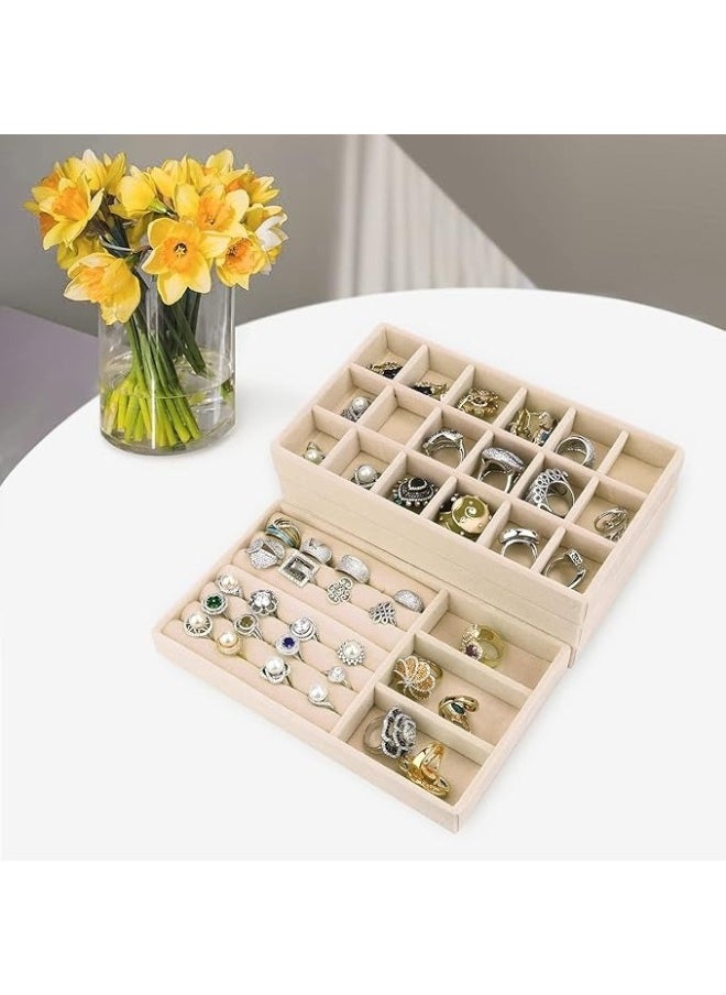 Set of 4 Stackable Jewelry Organizer Trays for Drawers and Display Case Earring Rings Bracelet Storage Container with Removable Dividers