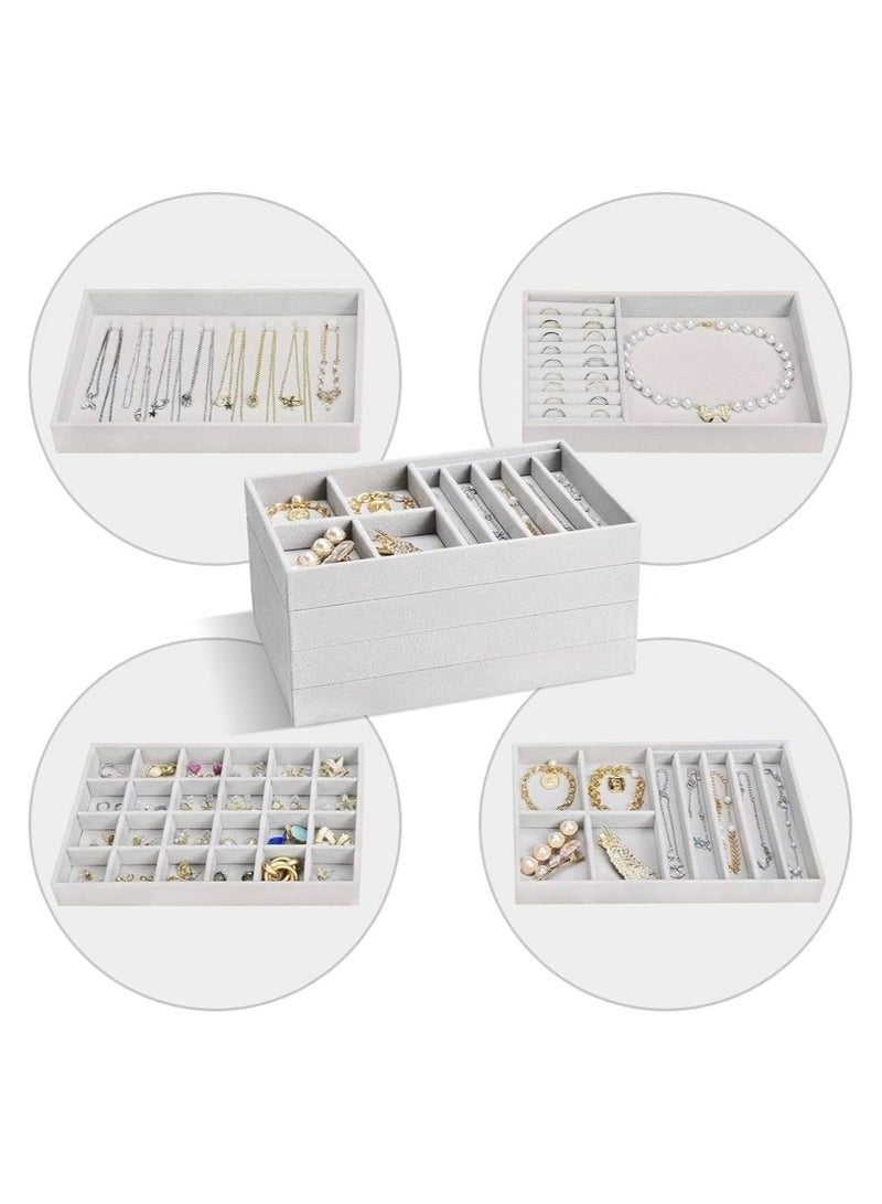 Set of 4 Stackable Jewelry Organizer Trays for Drawers and Display Case Earring Rings Bracelet Storage Container with Removable Dividers - Image 3