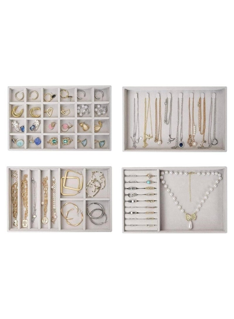 Set of 4 Stackable Jewelry Organizer Trays for Drawers and Display Case Earring Rings Bracelet Storage Container with Removable Dividers - Image 2