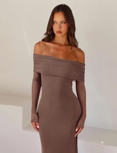 REORIA Women Long Sleeve Off Shoulder Formal Dress Elegant Stretch Mesh Double Lined Bodycon Long Party Wedding Guest Dresses Fall Winter 2024（Coffee Medium） - Image 3