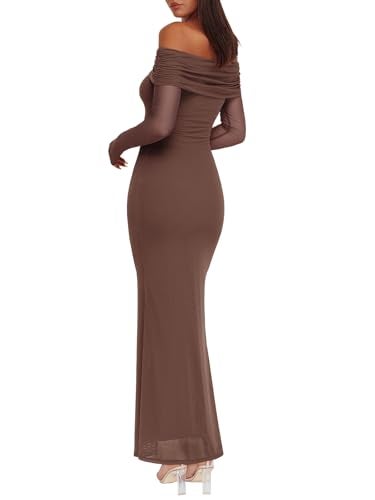 REORIA Women Long Sleeve Off Shoulder Formal Dress Elegant Stretch Mesh Double Lined Bodycon Long Party Wedding Guest Dresses Fall Winter 2024（Coffee Medium） - Image 2