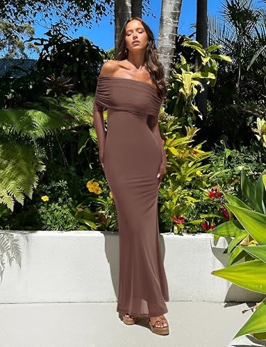 REORIA Women Long Sleeve Off Shoulder Formal Dress Elegant Stretch Mesh Double Lined Bodycon Long Party Wedding Guest Dresses Fall Winter 2024（Coffee Medium） - Image 5