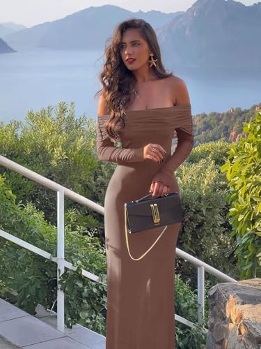 REORIA Women Long Sleeve Off Shoulder Formal Dress Elegant Stretch Mesh Double Lined Bodycon Long Party Wedding Guest Dresses Fall Winter 2024（Coffee Medium） - Image 4