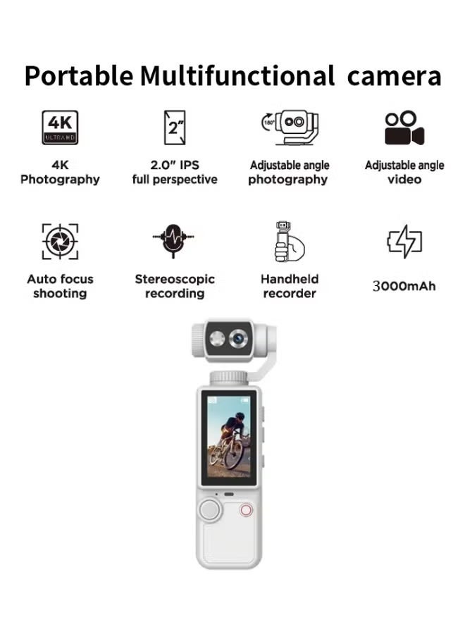 AIR TAB Pocket 4 4K Ultra HD Camera with 180° Adjustable Gimbal, 2-Inch IPS Display, 3000mAh Battery – Ideal for Vlogging, Travel, Outdoor Adventures and Action Recording, White - Image 3