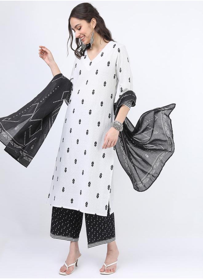 Vishudh - Women Black and White Printed Cotton Kurta Set by Styli - Image 1