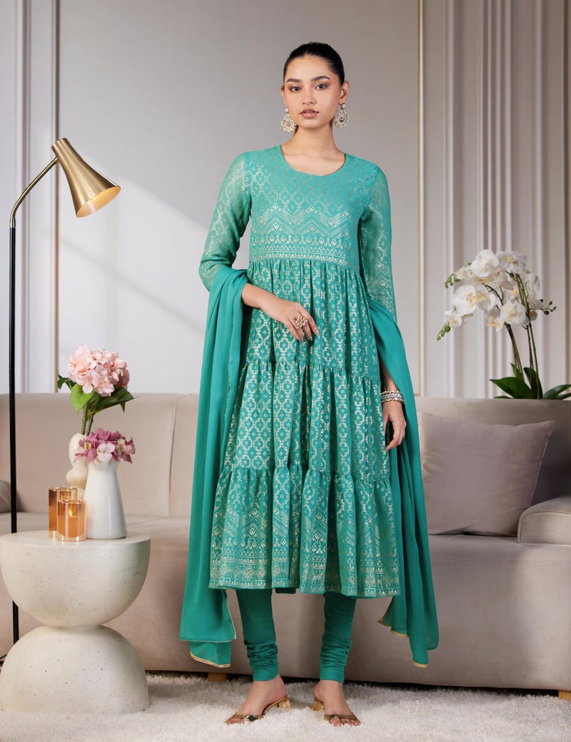 BIBA Cotton Blend Women Printed Regular Fit Anarkali Salwar Kurta Dupatta(Skdgold Mur9143_Sea Green_32) - Image 2
