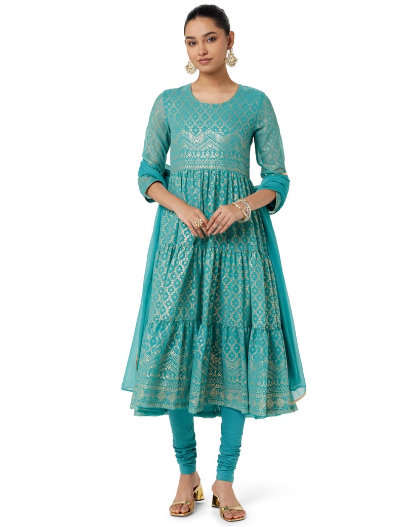 BIBA Cotton Blend Women Printed Regular Fit Anarkali Salwar Kurta Dupatta(Skdgold Mur9143_Sea Green_32) - Image 1