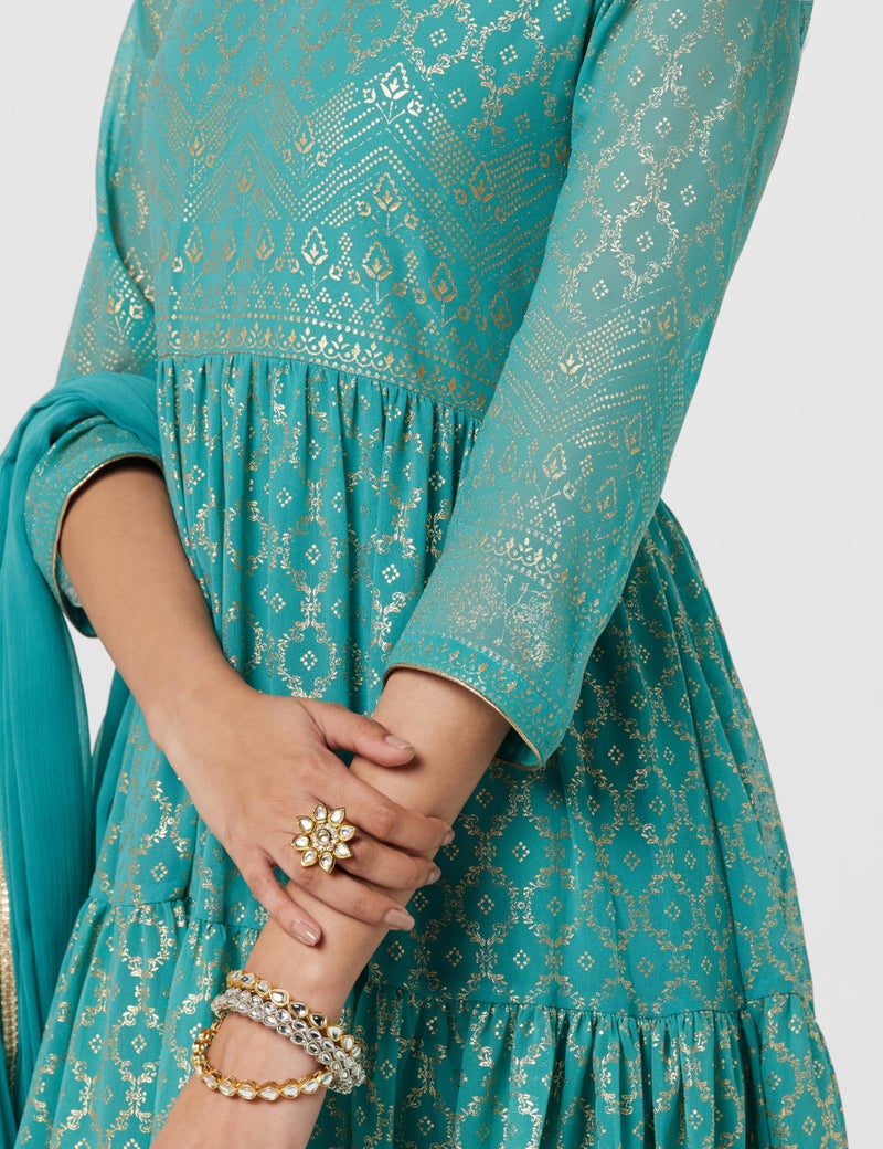 BIBA Cotton Blend Women Printed Regular Fit Anarkali Salwar Kurta Dupatta(Skdgold Mur9143_Sea Green_32) - Image 5