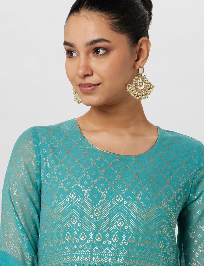 BIBA Cotton Blend Women Printed Regular Fit Anarkali Salwar Kurta Dupatta(Skdgold Mur9143_Sea Green_32) - Image 4