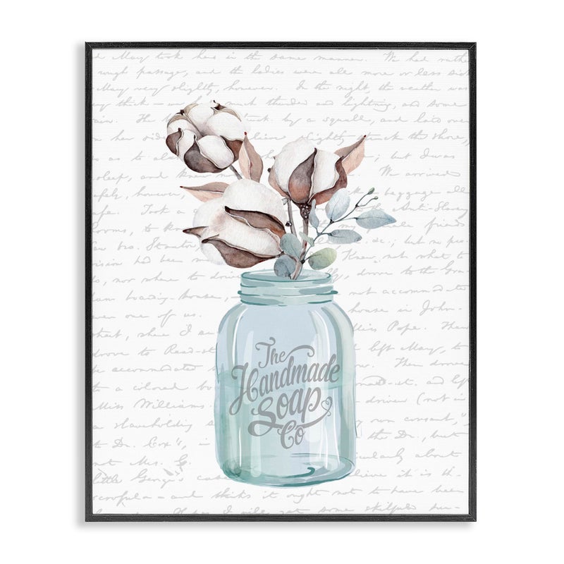Stupell Industries Stupell Industries Handmade Soap Jar Cotton Flower Bathroom Word Design by Artist Lettered and Lined Wall Art 11 x 14 Black Framed