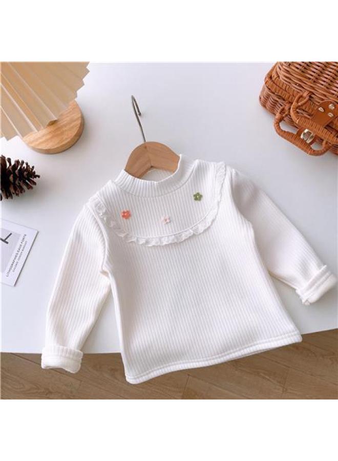 Girl's Western-style One-piece Velvet Base Shirt Autumn And Winter Baby's All-match Fleece-lined Top Children's Warm Inner T-shirt Trendy