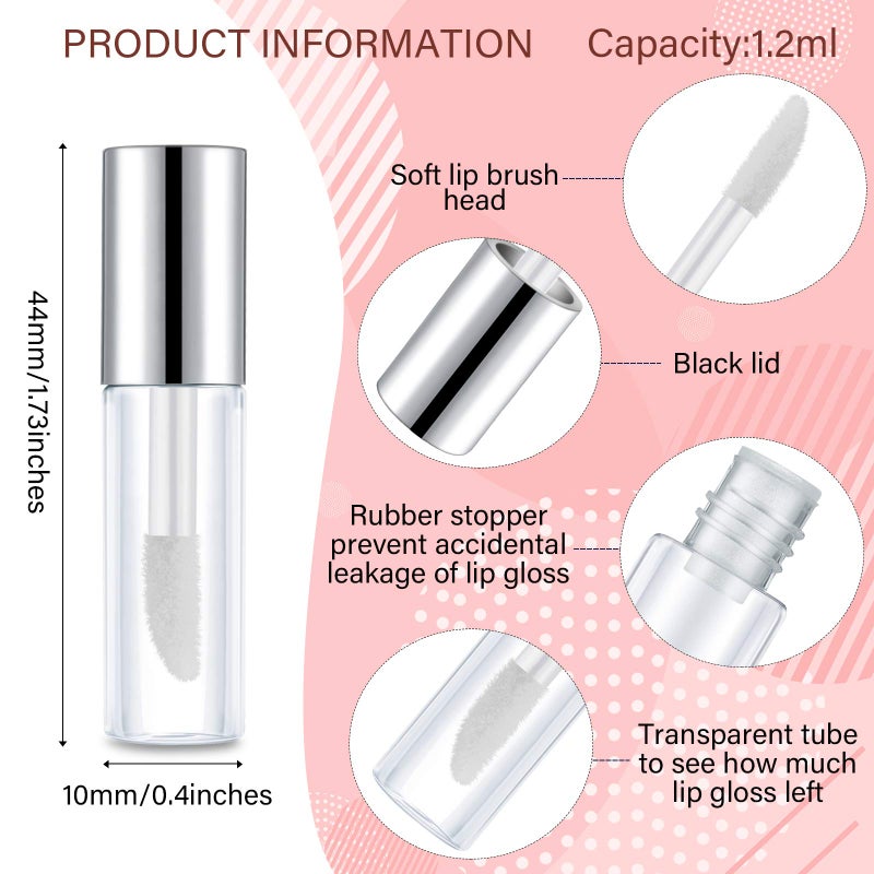 Patelai 100 Pieces 1.2 ml Clear Mini Lip Gloss Tube Refillable Empty Lip Balm Gloss Containers Bottles Transparent Mini Lipstick Containers for Women DIY Makeup(Silver) - Image 2
