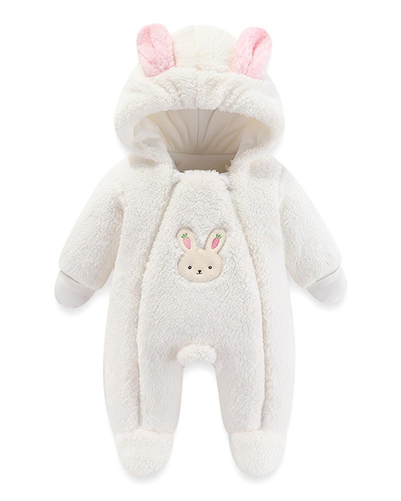 JiAmy Baby Snowsuit Hooded Romper Winter Outfits Boys Girls Cartoon Bear Fleece Jumpsuit White Bunny 3-6 Months - Image 1